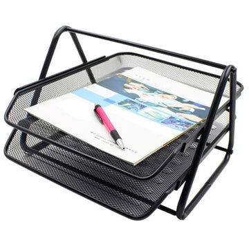 Office 2 Tier Heavy Duty Metal Desktop Letter Tray File Organizer Sorter Desk Document Organizer Shelf Tray Magazine Holder Paper File Newspaper Organizer Tray - Black