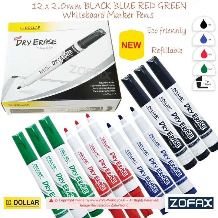 Pack of 12pcs Refillable Doller White Board Dry Erase Marker (3Blue, 3Black, 3Green & 3Red)