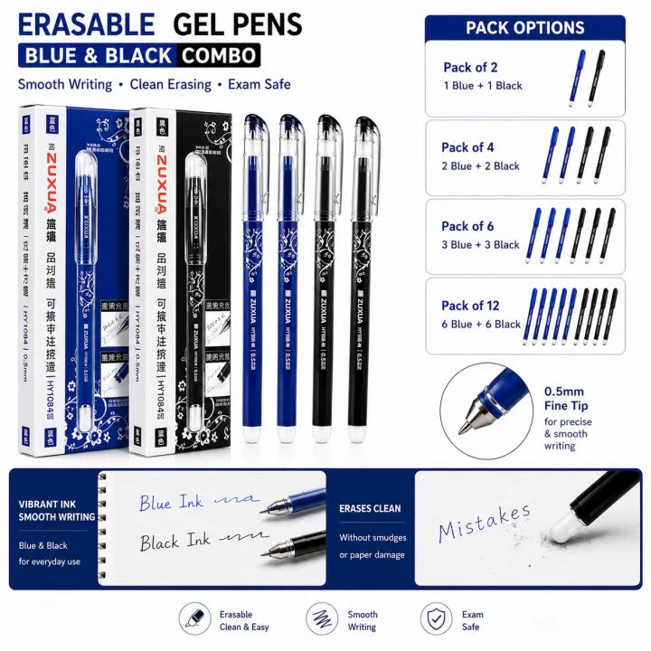 Erasable Gel Pens 0.5mm – Blue & Black Combo Pack | Smooth Writing | Exam Safe | Packs of 2, 4, 6 & 12