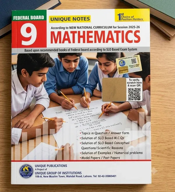 Unique Notes Mathematics Class 9 Federal Board Guide Book FBISE SSC Part 1 Solved Exercises MCQs Numericals Latest Edition