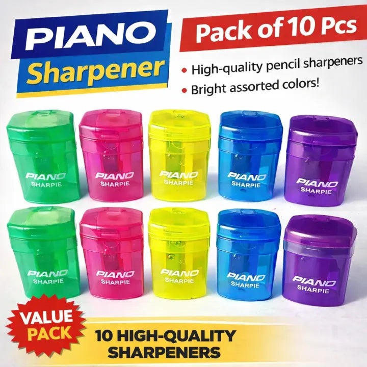 Piano Sharpie Pencil Sharpener - High Quality Sharpeners with Dust Container - Pack of 5 / Pack of 10 (Assorted Colors)