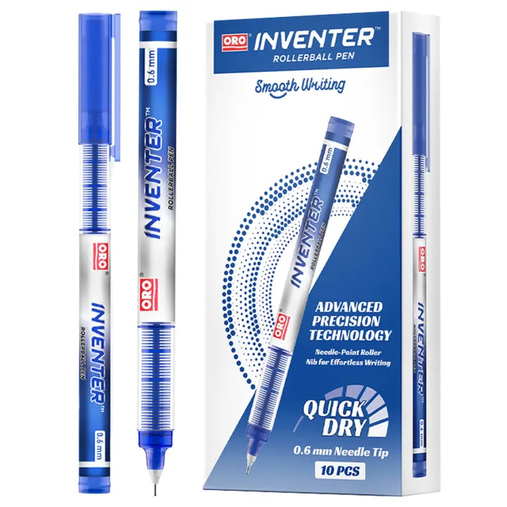 ORO Inventer Rollerball Pen 0.6mm Needle Tip Quick Dry Smooth Writing | Premium Ink Pen for Students & Office | Pack of 10